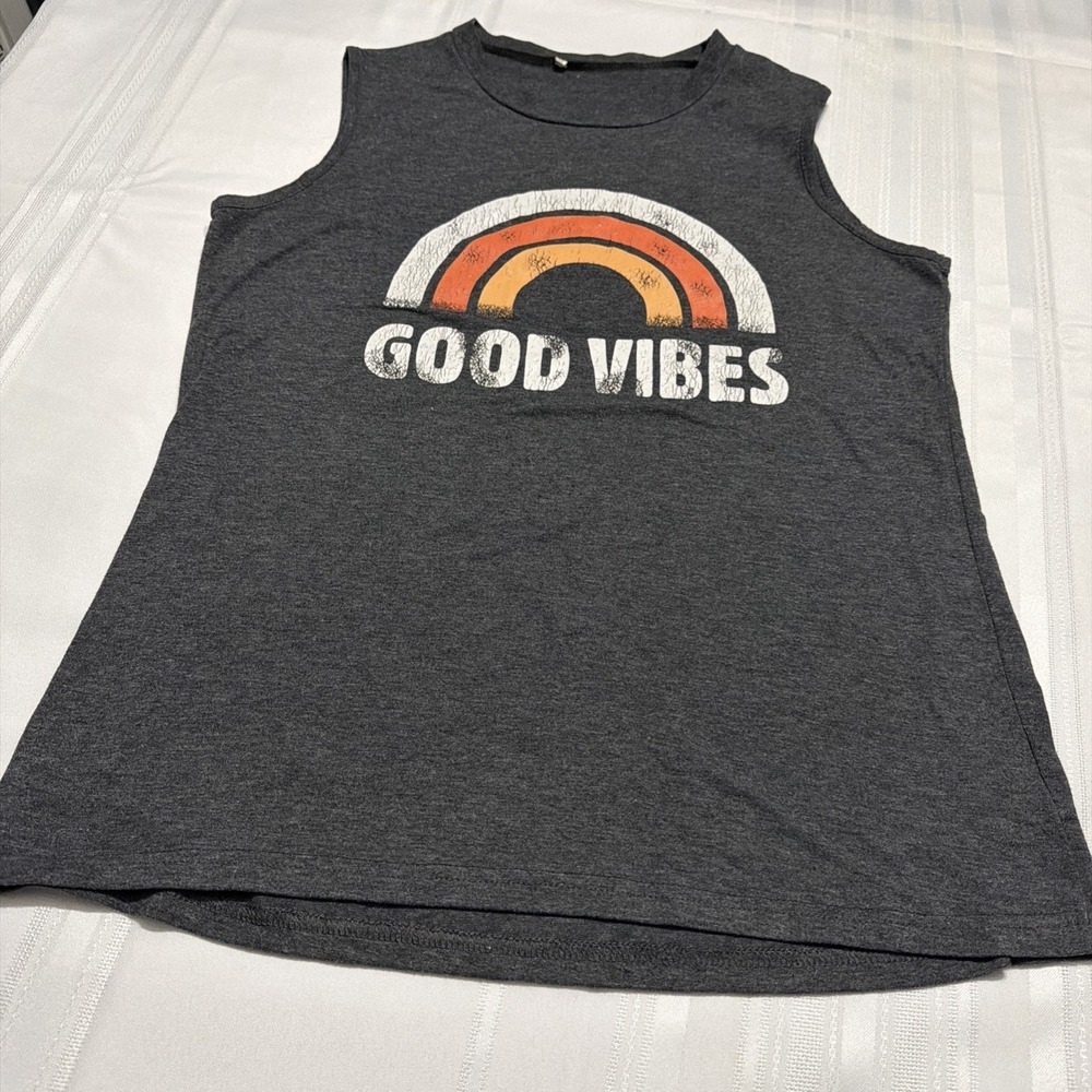 Vintage Good Vibes Rainbow Muscle Tank Top Charcoal Grey Graphic Sleeveless Tee